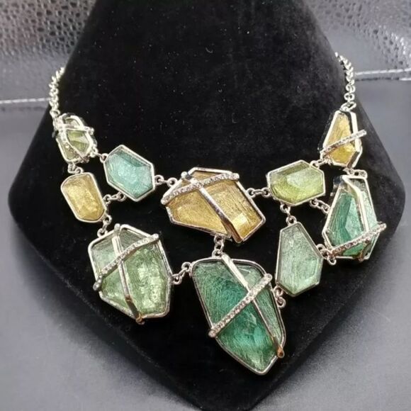 Jewelry - Marked Caged Large Blue Green Silvertone Statement Necklace NWOT